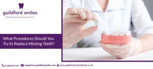 Missing teeth replacement procedures including dental implants, bridges and dentures for restoring smile function and appearance