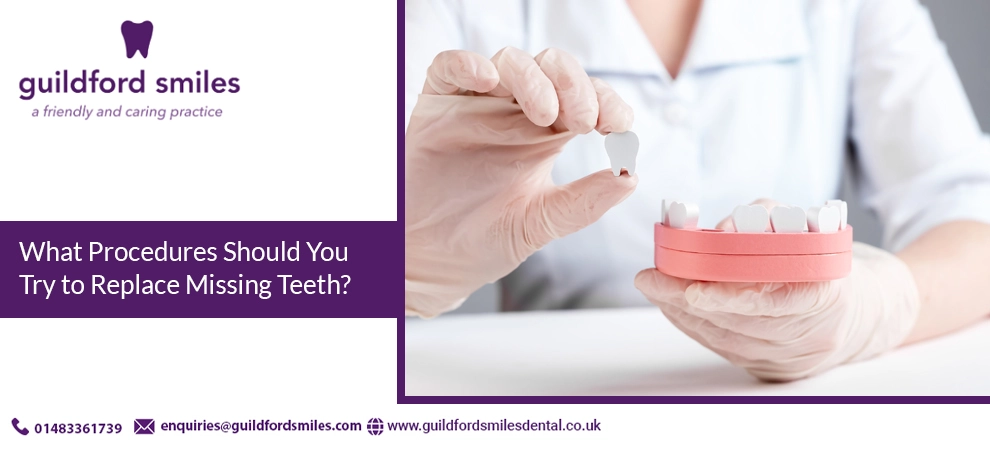 Missing teeth replacement procedures including dental implants, bridges and dentures for restoring smile function and appearance