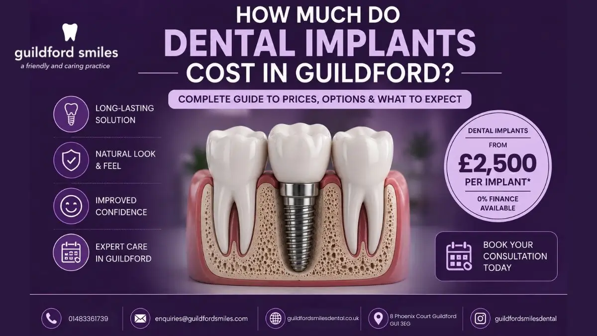 Dental implant cost guide in Guildford with pricing information for permanent tooth replacement treatments.
