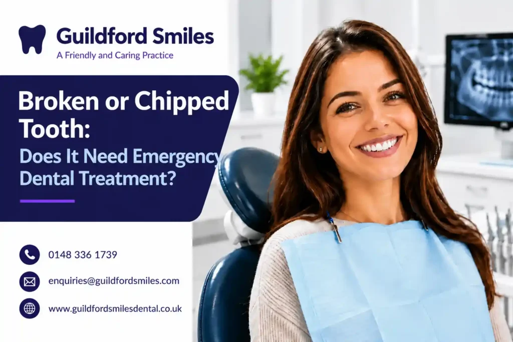 Broken or chipped tooth requiring emergency dental treatment at Guildford Smiles Dental in Guildford.